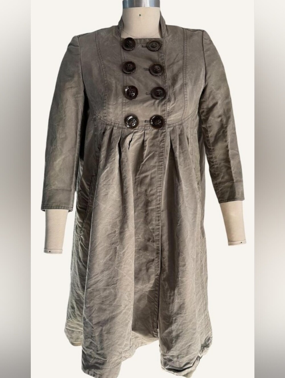 Burberry Taupe Silk Pleated Double-Breasted Trench Coat
